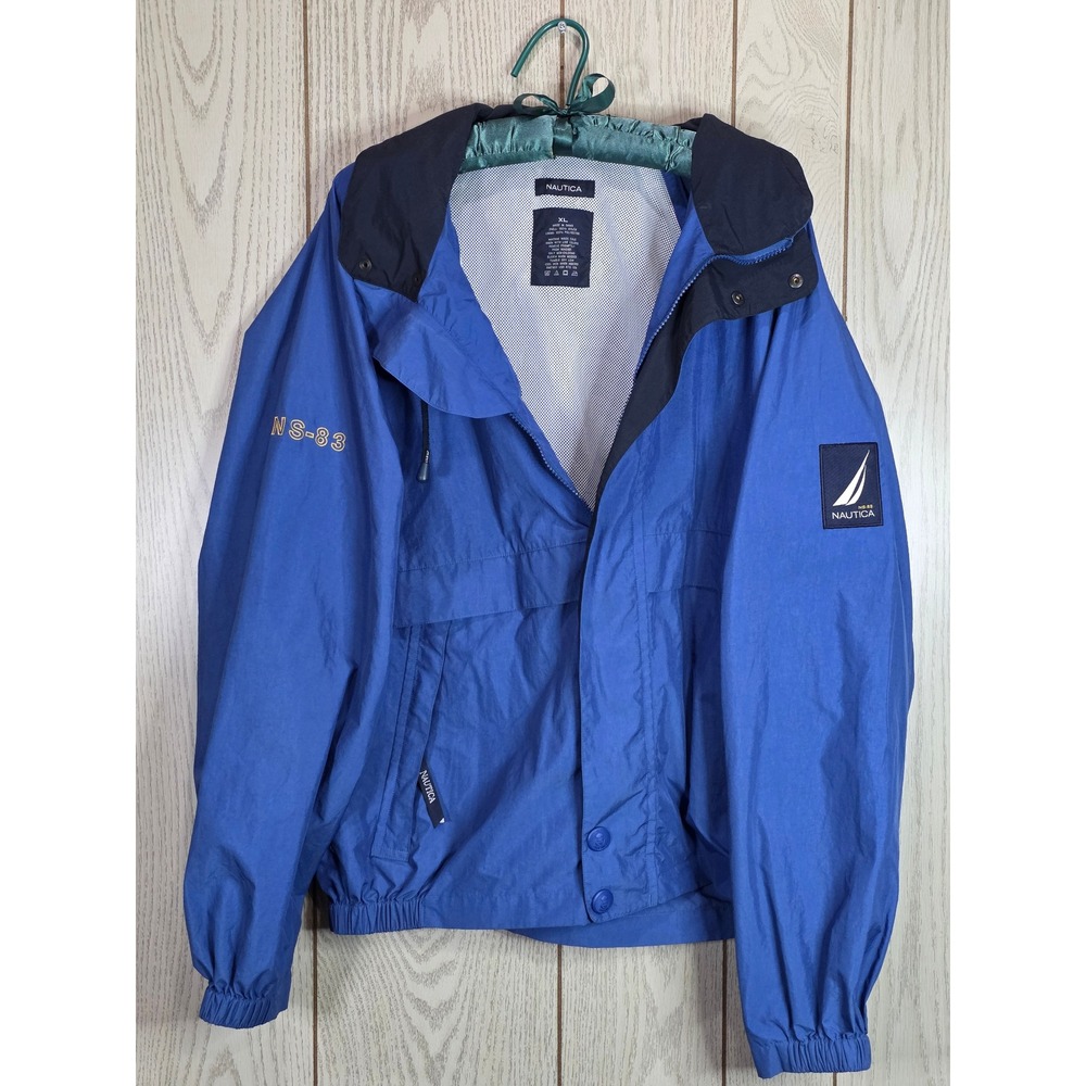 Nautica NS-83 VINTAGE Mens XL Blue Windbreaker Jacket Hooded Mesh Lined